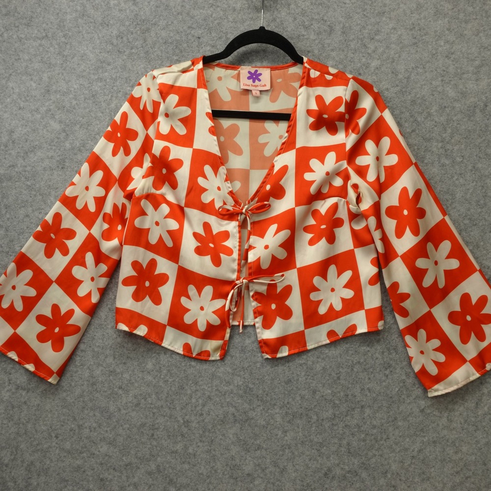 70s Psychedelic Indie Top LISA SAYS GAH Womens SMALL Red White Crop Daisy Checks